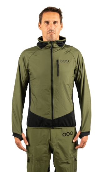 ecoon apparel jacket midlayer ecoactive light insulated hybrid with hood men sustainable clothing recyclable premium khaki black KRN glasses ECO182221TM M