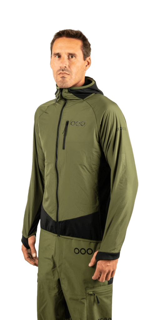 ecoon apparel jacket midlayer ecoactive light insulated hybrid with hood men sustainable clothing recyclable premium khaki black KRN glasses ECO182221TS S