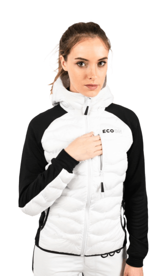 ecoon apparel jacket midlayer ecoactive hybrid insulated with hood women sustainable clothing recyclable premium white black KRN glasses ECO280902TS S