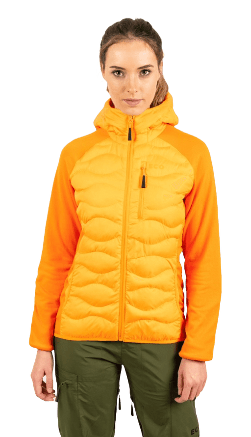 ecoon apparel jacket midlayer ecoactive hybrid insulated with hood women sustainable clothing recyclable premium orange KRN glasses ECO280923TXS XS