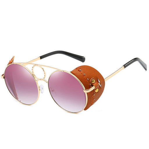 RAMODO JEWELRY Retro Leather Accent Round Sunglasses - Unique & Edgy - Product image