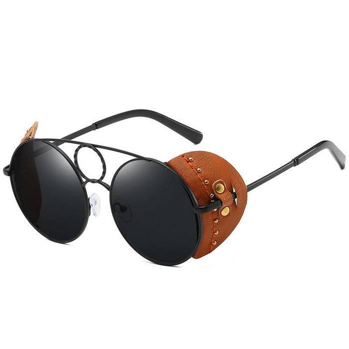 RAMODO JEWELRY Retro Leather Accent Round Sunglasses - Unique & Edgy - Product image