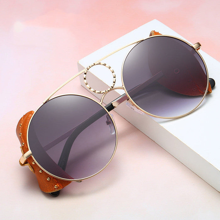 RAMODO JEWELRY Retro Leather Accent Round Sunglasses - Unique & Edgy - Product image