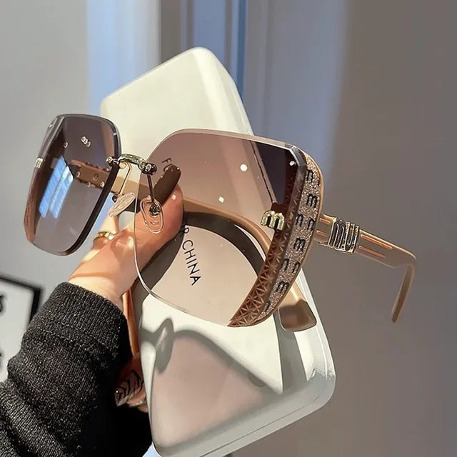new fashion trimmed sunglasses half frame high quality trend simple sunglasses for women with fine glitter