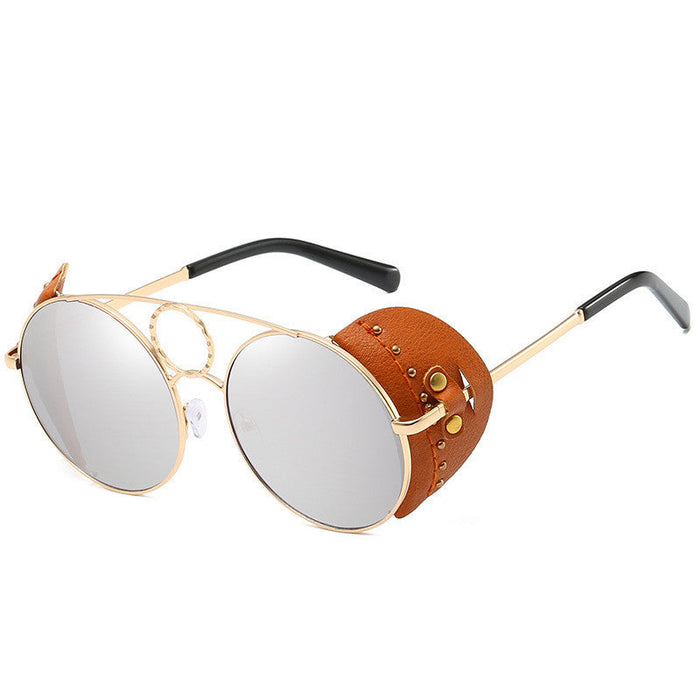 RAMODO JEWELRY Retro Leather Accent Round Sunglasses - Unique & Edgy - Product image
