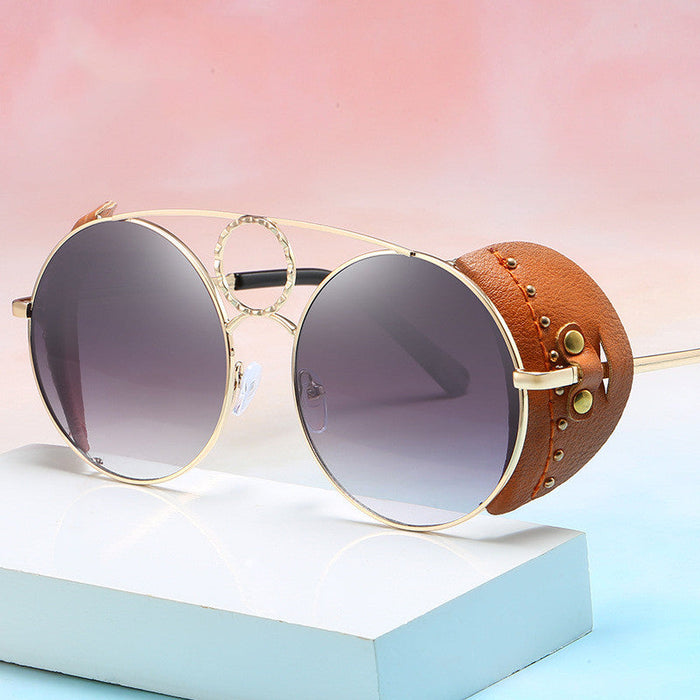 RAMODO JEWELRY Retro Leather Accent Round Sunglasses - Unique & Edgy - Product image
