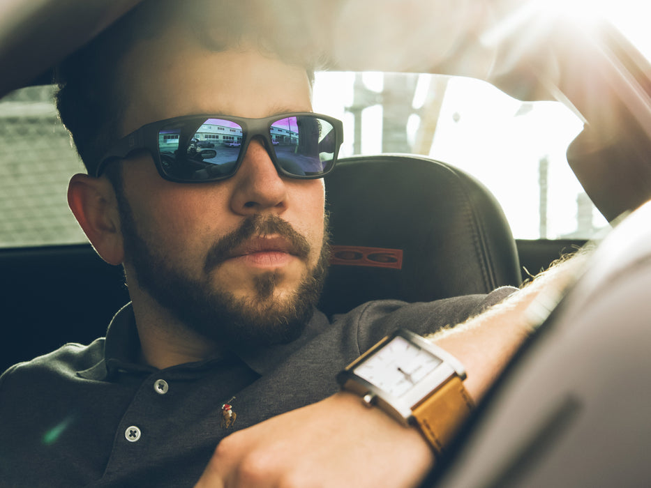 image of sunglasses model Rockwell Time POMPEI FLOATABLE (MATTE BLACK/PURPLE POLARIZED HYDRO)