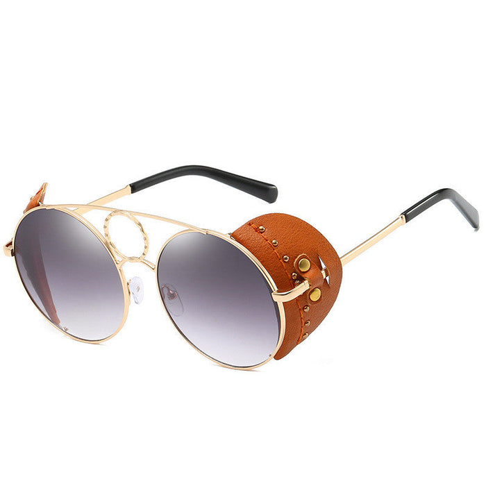 RAMODO JEWELRY Retro Leather Accent Round Sunglasses - Unique & Edgy - Product image