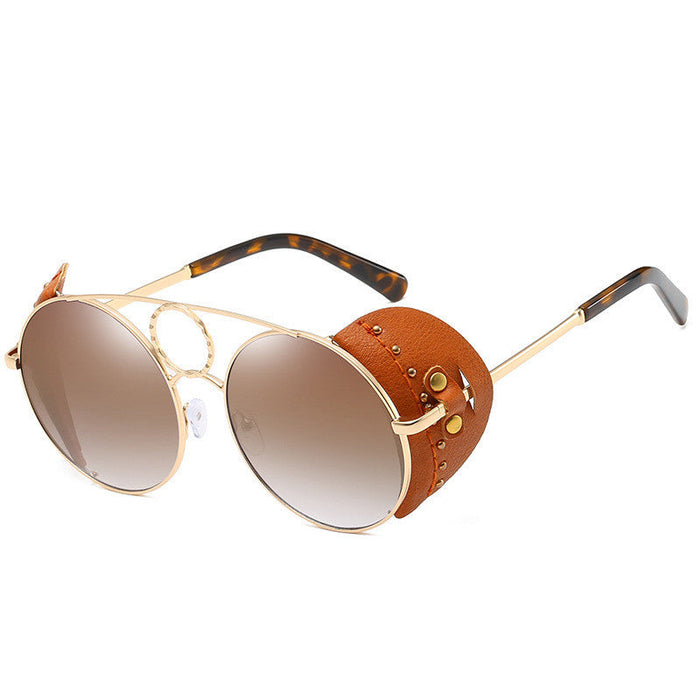 RAMODO JEWELRY Retro Leather Accent Round Sunglasses - Unique & Edgy - Product image