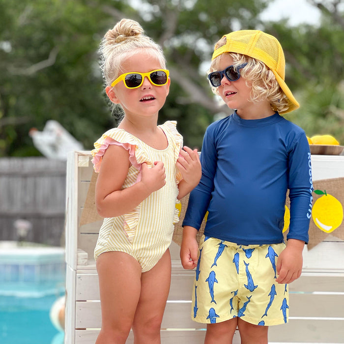 RO-SHAM-BO Sunglasses RuffleButts Girls Seersucker One Piece with Roshambo Yellow Sunglasses