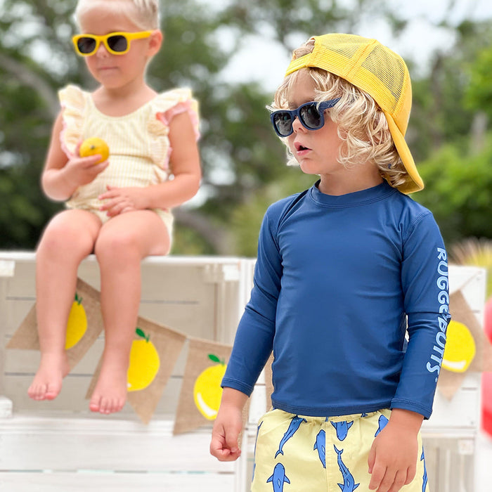 RO-SHAM-BO Sunglasses RuggedButts Baby Jawsome Swim Trunks & Rash Guard with Roshambo Navy Sunglasses