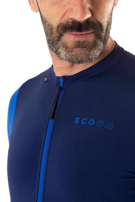 ecoon apparel cycling jacket domancy men sustainable clothing recyclable premium navy blue KRN glasses 