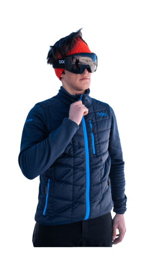 ecoon apparel jacket midlayer ecoactive hybrid insulated men sustainable clothing recyclable premium blue KRN glasses 
