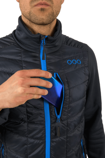 ecoon apparel jacket midlayer ecoactive hybrid insulated men sustainable clothing recyclable premium blue KRN glasses 