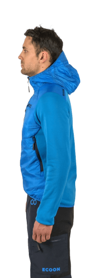 ecoon apparel jacket midlayer ecoactive hybrid insulated with hood men sustainable clothing recyclable premium light blue KRN glasses ECO180616TM M