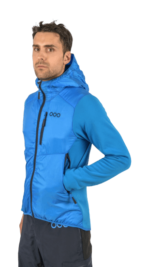 ecoon apparel jacket midlayer ecoactive hybrid insulated with hood men sustainable clothing recyclable premium light blue KRN glasses ECO180616TL L