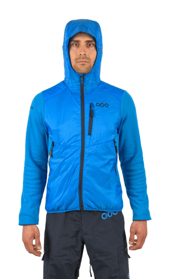 ecoon apparel jacket midlayer ecoactive hybrid insulated with hood men sustainable clothing recyclable premium light blue KRN glasses 