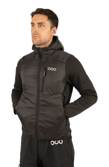 ecoon apparel jacket midlayer ecoactive hybrid insulated with hood men sustainable clothing recyclable premium black KRN glasses ECO180620TM M