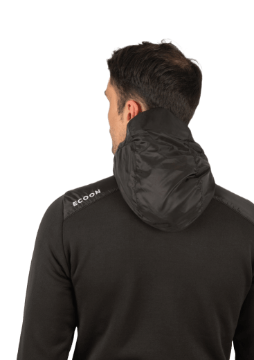 ecoon apparel jacket midlayer ecoactive hybrid insulated with hood men sustainable clothing recyclable premium black KRN glasses ECO180620TL L