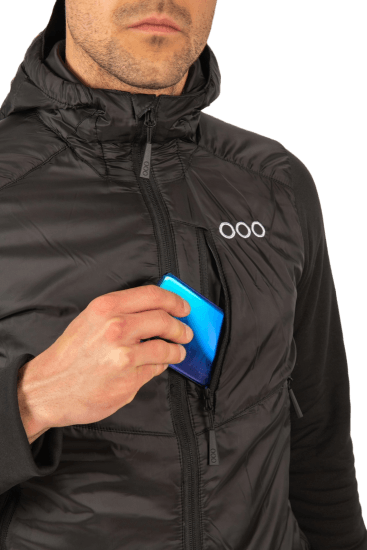 ecoon apparel jacket midlayer ecoactive hybrid insulated with hood men sustainable clothing recyclable premium black KRN glasses 