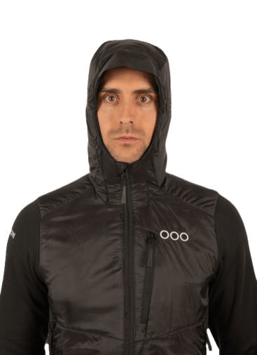 ecoon apparel jacket midlayer ecoactive hybrid insulated with hood men sustainable clothing recyclable premium black KRN glasses ECO180620TXL XL