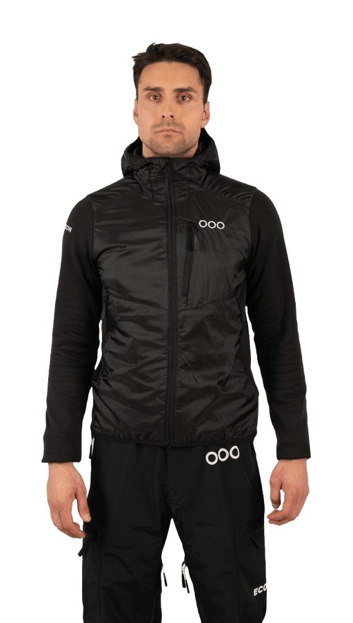ecoon apparel jacket midlayer ecoactive hybrid insulated with hood men sustainable clothing recyclable premium black KRN glasses ECO180620TS S