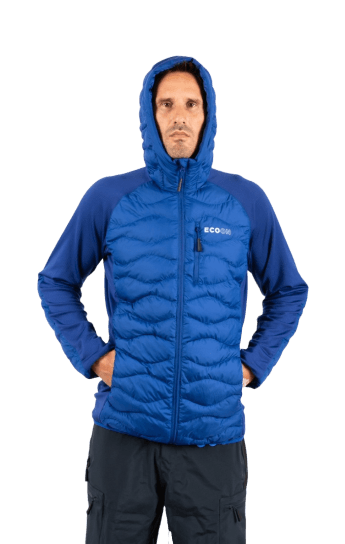 ecoon apparel jacket midlayer ecoactive hybrid insulated with hood men sustainable clothing recyclable premium blue KRN glasses ECO182003TM M