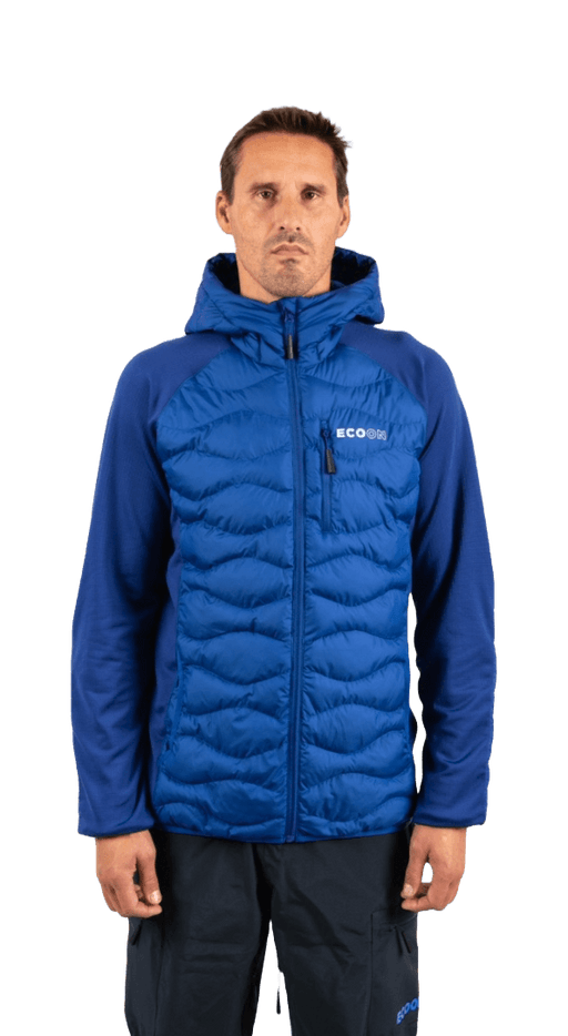 ecoon apparel jacket midlayer ecoactive hybrid insulated with hood men sustainable clothing recyclable premium blue KRN glasses ECO182003TS S
