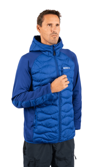 ecoon apparel jacket midlayer ecoactive hybrid insulated with hood men sustainable clothing recyclable premium blue KRN glasses 