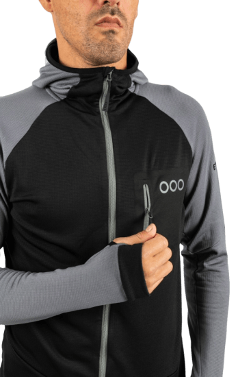 ecoon apparel jacket midlayer ecoactive light insulated with hood men sustainable clothing recyclable premium black grey KRN glasses 