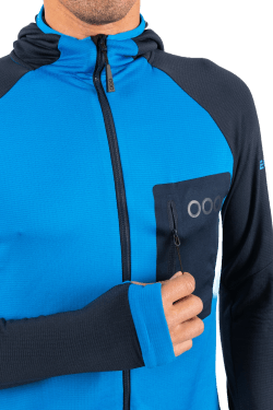 ecoon apparel jacket midlayer ecoactive light insulated with hood men sustainable clothing recyclable premium light blue blue KRN glasses 