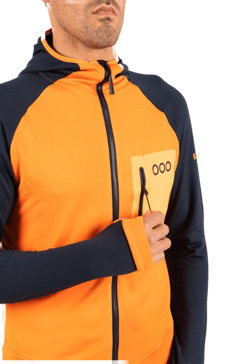 ecoon apparel jacket midlayer ecoactive light insulated with hood men sustainable clothing recyclable premium orange blue KRN glasses ECO182123TM M
