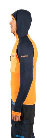 ecoon apparel jacket midlayer ecoactive light insulated with hood men sustainable clothing recyclable premium orange blue KRN glasses 