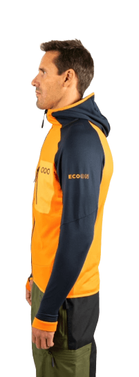 ecoon apparel jacket midlayer ecoactive light insulated with hood men sustainable clothing recyclable premium orange blue KRN glasses 