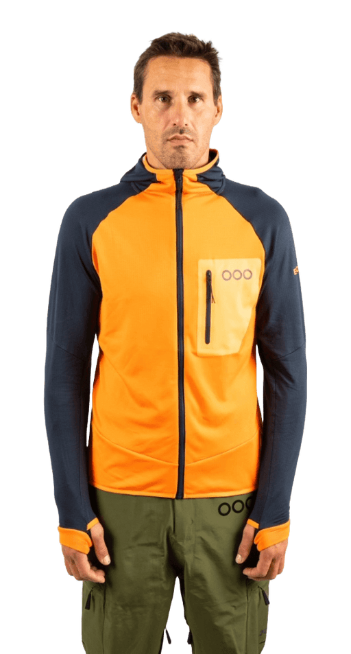 ecoon apparel jacket midlayer ecoactive light insulated with hood men sustainable clothing recyclable premium orange blue KRN glasses ECO182123TS S