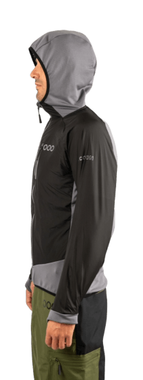 ecoon apparel jacket midlayer ecoactive light insulated hybrid with hood men sustainable clothing recyclable premium black grey KRN glasses 