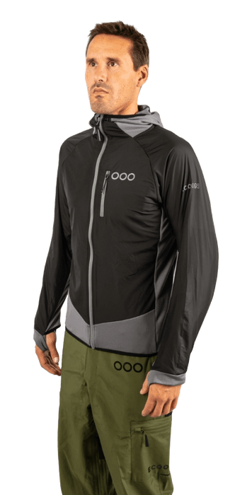 ecoon apparel jacket midlayer ecoactive light insulated hybrid with hood men sustainable clothing recyclable premium black grey KRN glasses ECO182201TS S