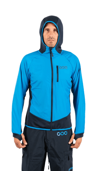 ecoon apparel jacket midlayer ecoactive light insulated hybrid with hood men sustainable clothing recyclable premium light blue blue KRN glasses 
