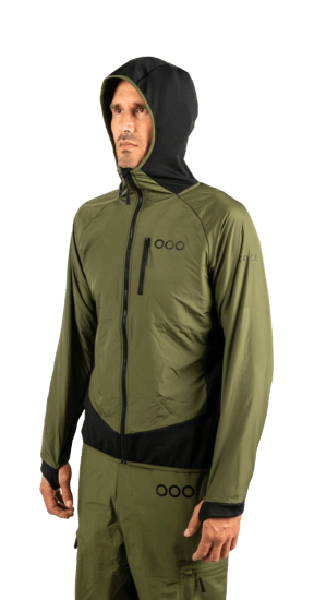 ecoon apparel jacket midlayer ecoactive light insulated hybrid with hood men sustainable clothing recyclable premium khaki black KRN glasses 
