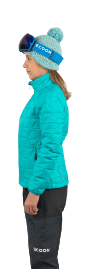 ecoon apparel jacket midlayer ecoactive insulated women sustainable clothing recyclable premium turquoise KRN glasses 