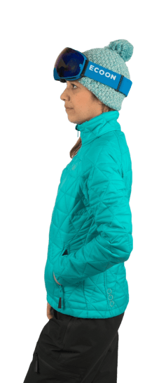 ecoon apparel jacket midlayer ecoactive insulated women sustainable clothing recyclable premium turquoise KRN glasses 