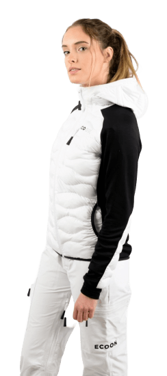 ecoon apparel jacket midlayer ecoactive hybrid insulated with hood women sustainable clothing recyclable premium white black KRN glasses 