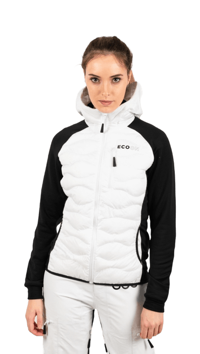 ecoon apparel jacket midlayer ecoactive hybrid insulated with hood women sustainable clothing recyclable premium white black KRN glasses ECO280902TXS XS