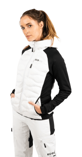 ecoon apparel jacket midlayer ecoactive hybrid insulated with hood women sustainable clothing recyclable premium white black KRN glasses 