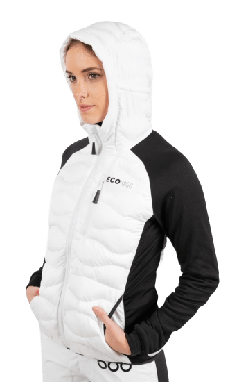 ecoon apparel jacket midlayer ecoactive hybrid insulated with hood women sustainable clothing recyclable premium white black KRN glasses ECO280902TM M