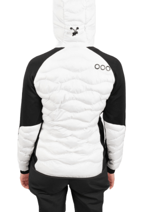 ecoon apparel jacket midlayer ecoactive hybrid insulated with hood women sustainable clothing recyclable premium white black KRN glasses ECO280902TL L