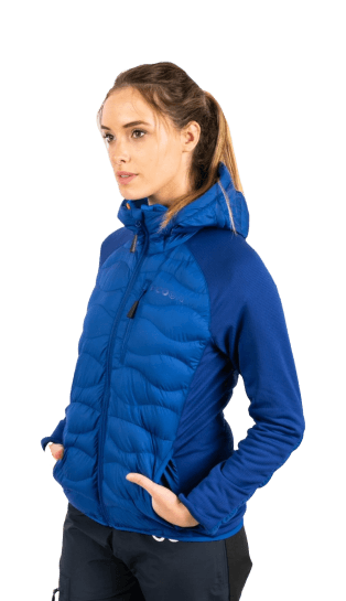 ecoon apparel jacket midlayer ecoactive hybrid insulated with hood women sustainable clothing recyclable premium blue KRN glasses ECO280903TM M