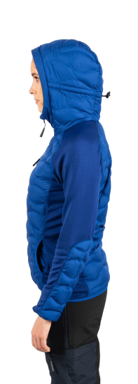 ecoon apparel jacket midlayer ecoactive hybrid insulated with hood women sustainable clothing recyclable premium blue KRN glasses 