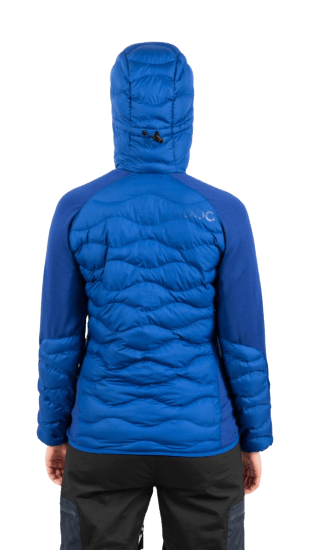 ecoon apparel jacket midlayer ecoactive hybrid insulated with hood women sustainable clothing recyclable premium blue KRN glasses 