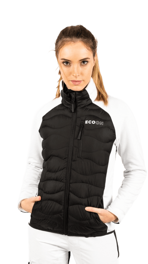 ecoon apparel jacket midlayer ecoactive hybrid insulated women sustainable clothing recyclable premium black white KRN glasses ECO280910TXS XS